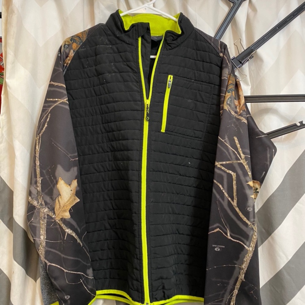 Black, neon green, and  camouflage winter coat